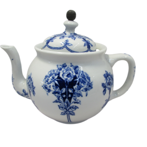 Buffalo Pottery Flow Blue Teapot with Tin Basket